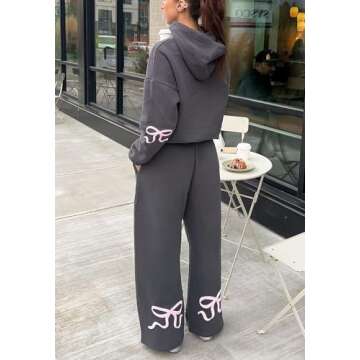 Pivanzore Bow Print Sweat Set for Women Two Piece Tracksuit Long Sleeve Oversized Hoodie Wide Leg Sweatpants 2 Piece Outfits (Dark Gary, S)