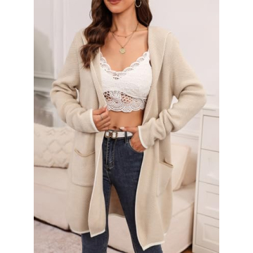 Sidefeel Cardigan Sweaters for Women Long Sleeve Open Front Fall Outfits Contrast Chunky Knit Oversized Hooded Sweaters Coat Apricot X-Large