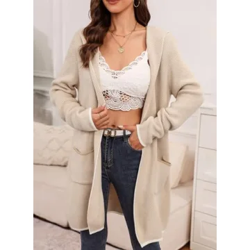 Sidefeel Cardigan Sweaters for Women Long Sleeve Open Front Fall Outfits Contrast Chunky Knit Oversized Hooded Sweaters Coat Apricot X-Large