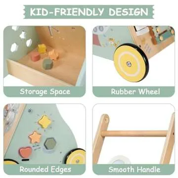 GiggleGems Wooden Baby Walker, Multiple Learning Activities Center Develops Motor Skills for Infant to Toddler, Push and Pull Walkers with Wheel for Boys Girls