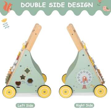 GiggleGems Wooden Baby Walker, Multiple Learning Activities Center Develops Motor Skills for Infant to Toddler, Push and Pull Walkers with Wheel for Boys Girls