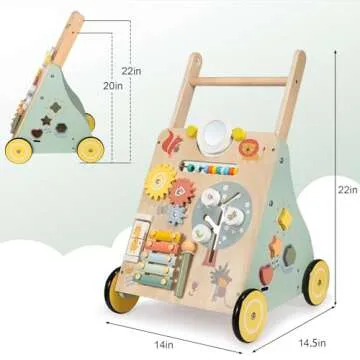 GiggleGems Wooden Baby Walker, Multiple Learning Activities Center Develops Motor Skills for Infant to Toddler, Push and Pull Walkers with Wheel for Boys Girls