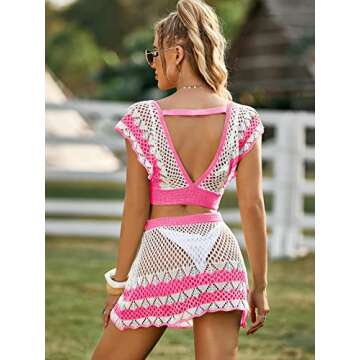 GORGLITTER Women's 2 Piece Crochet Hollow Out Cover Up Set V Neck Backless Tie Front Beach Swimsuit Hot Pink Large