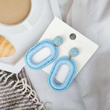 Boho Statement Earrings Beaded Raffia Earrings Lightweight Cute Seed Bead Earrings Square Drop Dangle Earrings Gift for women