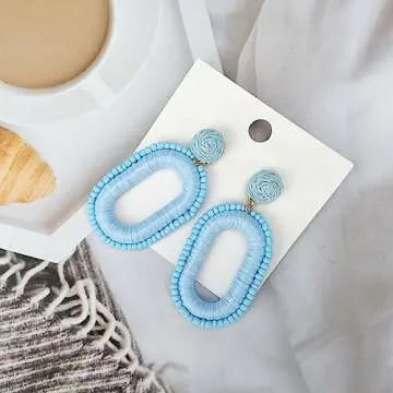 Boho Statement Earrings Beaded Raffia Earrings Lightweight Cute Seed Bead Earrings Square Drop Dangle Earrings Gift for women