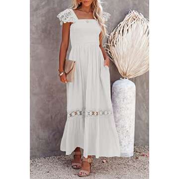 Ferlema Women's Summer White Maxi Dress with Ruffles and Pockets for Casual Beach Style