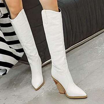 Caradise Women's Cowboy Knee High Heeled Boots in White