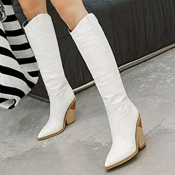 Caradise Women's Cowboy Knee High Heeled Boots in White