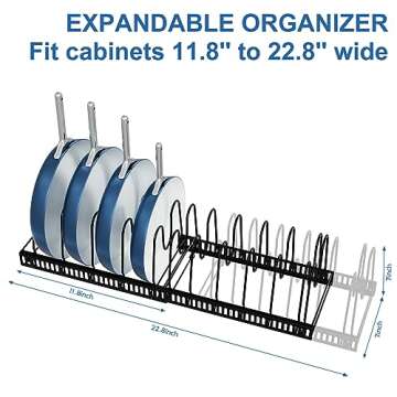 Mlesi Expandable Pot and Pan Organizer Rack, 12+ Pot Lid Organizer Holder, Bakeware Adjustable Rack, Kitchen Cabinet Organizer for Bakeware Cutting Boards, Black