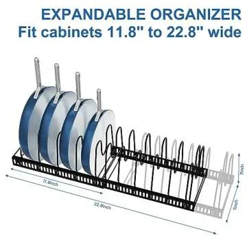 Mlesi Expandable Pot and Pan Organizer Rack, 12+ Pot Lid Organizer Holder, Bakeware Adjustable Rack, Kitchen Cabinet Organizer for Bakeware Cutting Boards, Black