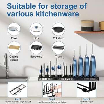 Mlesi Expandable Pot and Pan Organizer Rack, 12+ Pot Lid Organizer Holder, Bakeware Adjustable Rack, Kitchen Cabinet Organizer for Bakeware Cutting Boards, Black