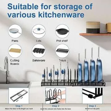 Mlesi Expandable Pot and Pan Organizer Rack, 12+ Pot Lid Organizer Holder, Bakeware Adjustable Rack, Kitchen Cabinet Organizer for Bakeware Cutting Boards, Black