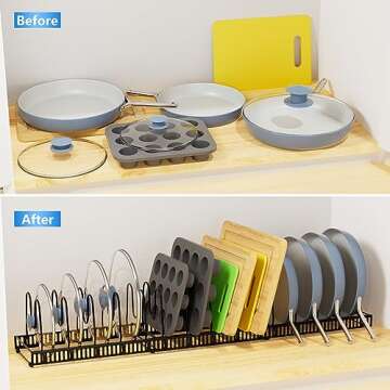 Mlesi Expandable Pot and Pan Organizer Rack, 12+ Pot Lid Organizer Holder, Bakeware Adjustable Rack, Kitchen Cabinet Organizer for Bakeware Cutting Boards, Black