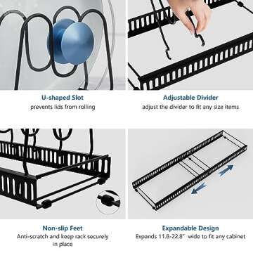 Mlesi Expandable Pot and Pan Organizer Rack, 12+ Pot Lid Organizer Holder, Bakeware Adjustable Rack, Kitchen Cabinet Organizer for Bakeware Cutting Boards, Black