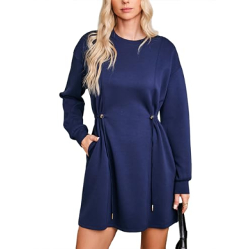 Dokotoo Women Drawstrings Waistband Long Sleeves Crew Neck Sweatshirt Casual Mini Dress,Navy Blue X-...