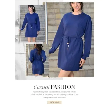 Dokotoo Women Drawstrings Waistband Long Sleeves Crew Neck Sweatshirt Casual Mini Dress,Navy Blue X-Large