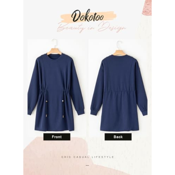 Dokotoo Women Drawstrings Waistband Long Sleeves Crew Neck Sweatshirt Casual Mini Dress,Navy Blue X-Large