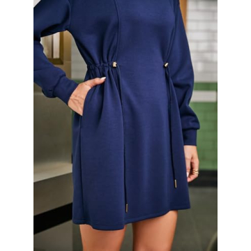 Dokotoo Women Drawstrings Waistband Long Sleeves Crew Neck Sweatshirt Casual Mini Dress,Navy Blue X-Large