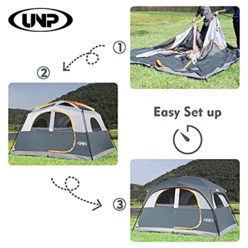 UNP Tents 6 Person Waterproof Windproof Easy Setup,Double Layer Family Camping Tent with 1 Mesh Door & 5 Large Mesh Windows -10'X9'X78in(H) Gray