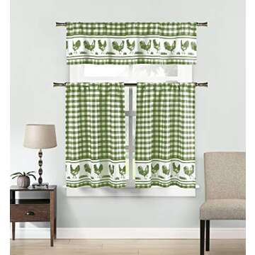 Elegant Linens Country Home Plaid Buffalo Check Gingham Farmhouse Rooster Kitchen Curtain Tier & Valance Set - Assorted Colors (Sage)