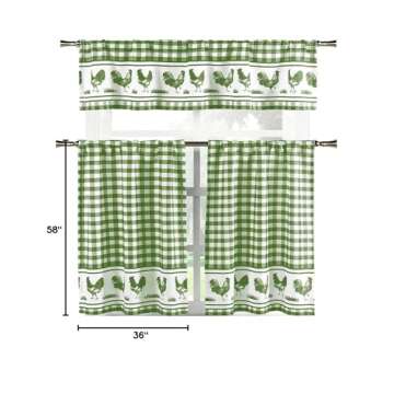 Elegant Linens Country Home Plaid Buffalo Check Gingham Farmhouse Rooster Kitchen Curtain Tier & Valance Set - Assorted Colors (Sage)