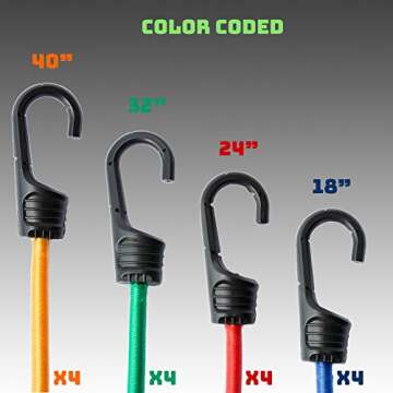 Bungee Cord Assortment - Premium 16 Piece Set with Plastic Coated Metal Hooks