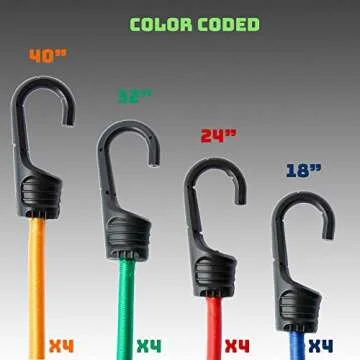 Bungee Cord Assortment - Premium 16 Piece Set with Plastic Coated Metal Hooks