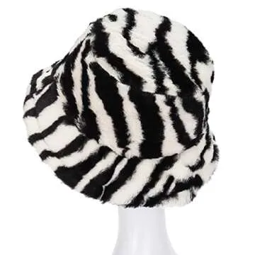 Furry Bucket Hat for Women Fluffy Thick Solid Warm Winter Zebra Pattern Bucket Hat Plush Fisherman Hat