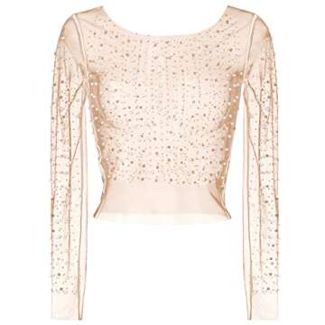 Women's Pearl Rhinestone See Through Long Sleeve Mesh Blouse One Piece Cover Up Halloween Festival Crop Top (Skin Color, 8)