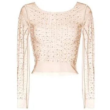 Women's Pearl Rhinestone See Through Long Sleeve Mesh Blouse One Piece Cover Up Halloween Festival Crop Top (Skin Color, 8)