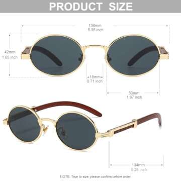 JOVAKIT Trendy Oval Sunglasses for Women Fashion Retro Vintage Small Oval Sun Glasses Classic Oval Metal Frame Shades (Gold/Grey)