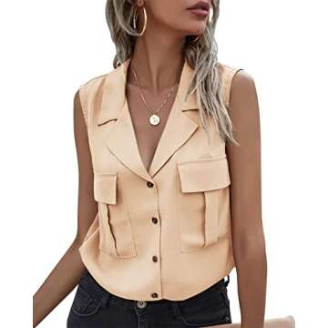 Womens Button Down Lapel Collar Tank Tops with Pockets V Neck Loose Casual Summer Sleeveless Chiffon Shirts Beige S