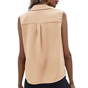 Womens Button Down Lapel Collar Tank Tops with Pockets V Neck Loose Casual Summer Sleeveless Chiffon Shirts Beige S