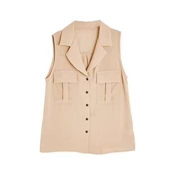 Womens Button Down Lapel Collar Tank Tops with Pockets V Neck Loose Casual Summer Sleeveless Chiffon Shirts Beige S