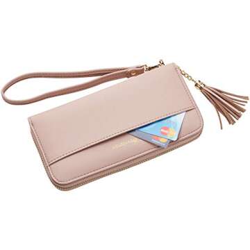 Travelambo Womens Wallet Tassel Bifold Ladies Clutch Wristlet Wrist strap Long Purse (Access Pink Champagne)