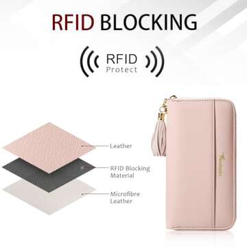 Travelambo Womens Wallet Tassel Bifold Ladies Clutch Wristlet Wrist strap Long Purse (Access Pink Champagne)