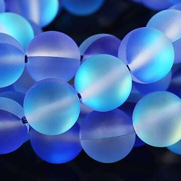 Matte Blue Aurora Crystal Glass Beads, 10MM Frosted Glitter Shining Mermaid Round Loose Beads, Rainbow Holographic Synthetic Moonstone for Jewelry Making DIY Bracelet