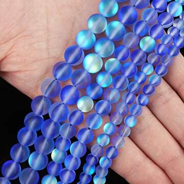 Matte Blue Aurora Crystal Glass Beads, 10MM Frosted Glitter Shining Mermaid Round Loose Beads, Rainbow Holographic Synthetic Moonstone for Jewelry Making DIY Bracelet