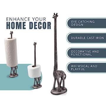 Paper Towel Holder or Free Standing Toilet Paper Holder- Cast Iron Giraffe Paper Holder - Bathroom Toilet Paper Holder or Stand Up Paper Towel Holder - Rustic Silver w/Vintage Finish by Comfify