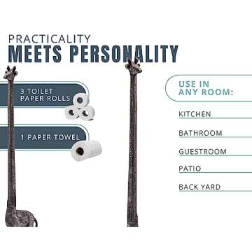 Paper Towel Holder or Free Standing Toilet Paper Holder- Cast Iron Giraffe Paper Holder - Bathroom Toilet Paper Holder or Stand Up Paper Towel Holder - Rustic Silver w/Vintage Finish by Comfify