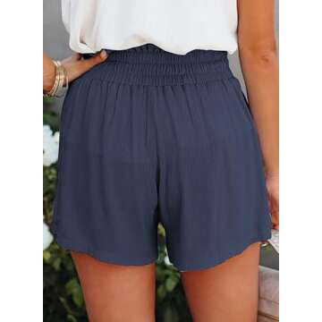 Dokotoo Womens Ladies Athletic Summer Casual Smocked Ruffle Elastic High Waisted Soft Comfy Fashion Beach Shorts for Women Blue Medium