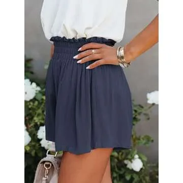 Dokotoo Womens Ladies Athletic Summer Casual Smocked Ruffle Elastic High Waisted Soft Comfy Fashion Beach Shorts for Women Blue Medium