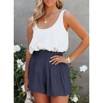 Dokotoo Womens Ladies Athletic Summer Casual Smocked Ruffle Elastic High Waisted Soft Comfy Fashion Beach Shorts for Women Blue Medium