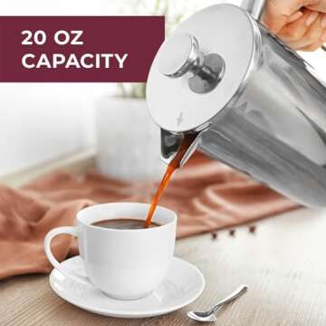 MuellerLiving French Press Coffee Maker 20oz, Stainless Steel French Press Coffee, 4 Filter Heat Res...