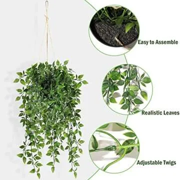 Fake Hanging Plants Indoor - 2 Pack Faux Greenery Plant for Home Decor Artificial Potted Vines with Black Plastic Planter for Bedroom Living Room Garden Front Porch Table Shelf Wall Decoration