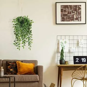 Fake Hanging Plants Indoor - 2 Pack Faux Greenery Plant for Home Decor Artificial Potted Vines with Black Plastic Planter for Bedroom Living Room Garden Front Porch Table Shelf Wall Decoration