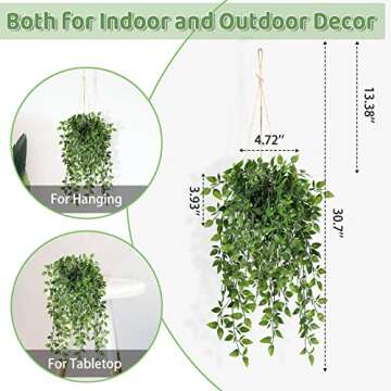 Fake Hanging Plants Indoor - 2 Pack Faux Greenery Plant for Home Decor Artificial Potted Vines with Black Plastic Planter for Bedroom Living Room Garden Front Porch Table Shelf Wall Decoration