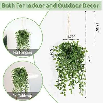 Fake Hanging Plants Indoor - 2 Pack Faux Greenery Plant for Home Decor Artificial Potted Vines with Black Plastic Planter for Bedroom Living Room Garden Front Porch Table Shelf Wall Decoration