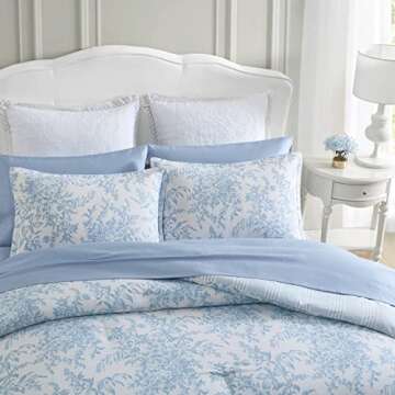 Laura Ashley- King Comforter Set, Cotton Reversible Bedding Set with Matching Sham(s), Farmhouse Home Décor (Bedford Blue, King)