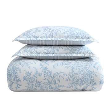 Laura Ashley- King Comforter Set, Cotton Reversible Bedding Set with Matching Sham(s), Farmhouse Home Décor (Bedford Blue, King)